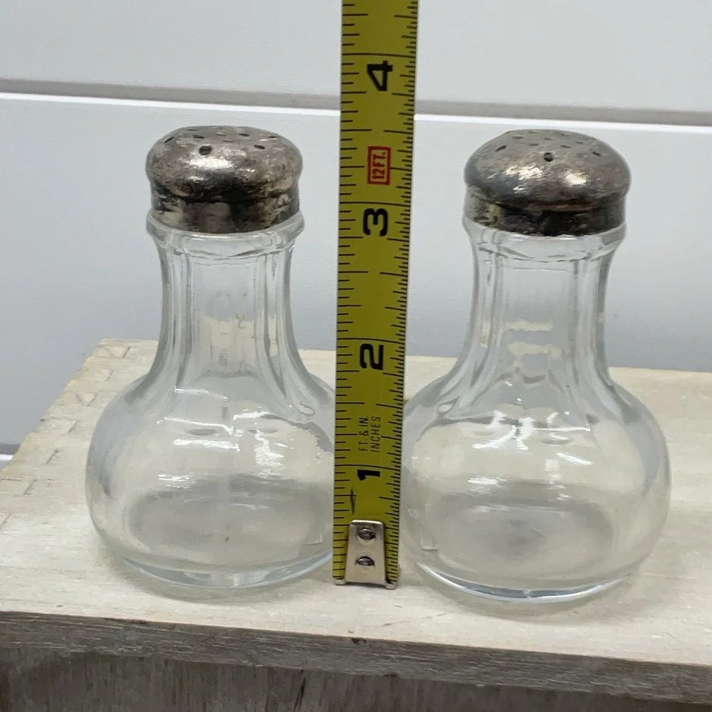 Vintage Ribbed Glass Salt and Pepper Shakers Set with Metal Lids 3.25 Inch